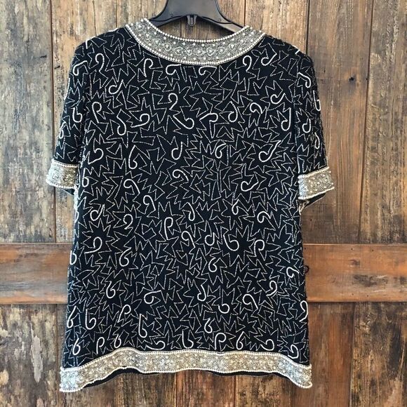 Laurence Kazar Sz XL Vintage Heavy Black Silver Beaded & Sequined Mafia Vibe Top - Picture 3 of 8